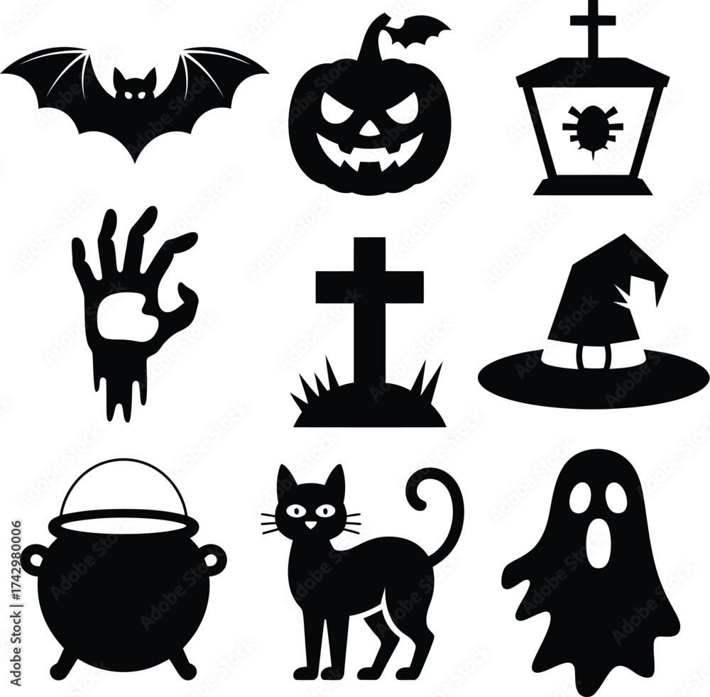 Obraz premium Halloween icons bat pumpkin tombstone witch hat ghost cat cauldron