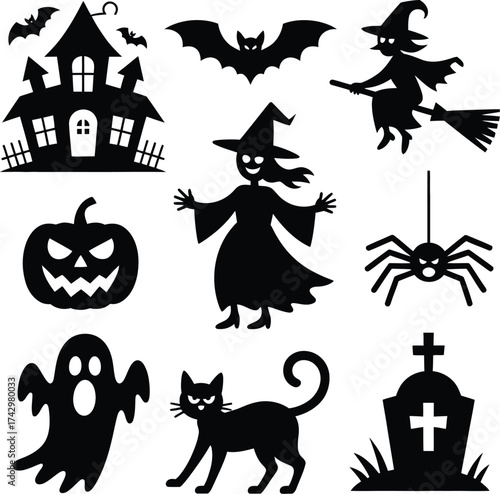 Halloween vector silhouettes of spooky creatures and objects