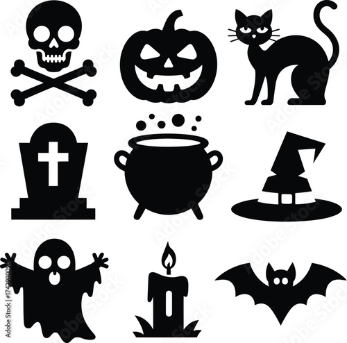Halloween icons skull pumpkin cat tombstone cauldron hat ghost candle bat