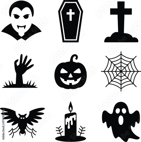 Halloween icons vampire coffin tombstone zombie pumpkin spiderweb bat candle ghost