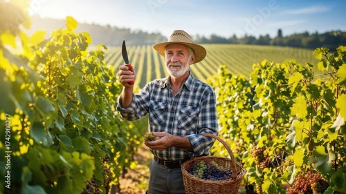 senior man in straw hat and plaid shirt harvests grapes in sunlit vineyard He holds pruning knife collecting various colored grapes into wicker basket amidst lush green vines