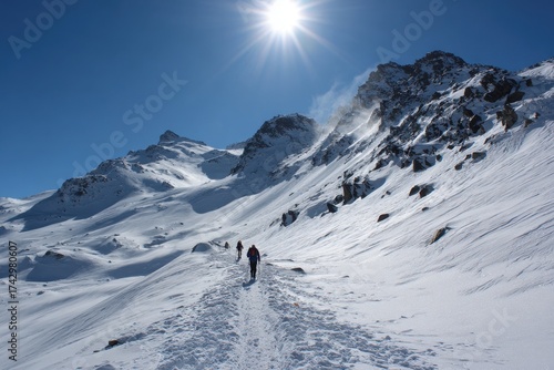 Winter hiking on a sunny day in Gran Paradiso National Park Italy