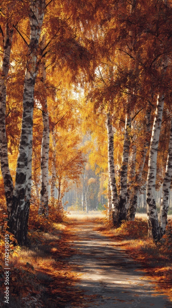 Fototapeta premium The golden pathway: an autumnal alley of birch trees and frosted fields. Thriller poster. Golden leaves and misty horizons: an autumnal birch lined scenic route. Advertising photo.