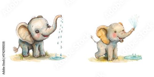cute elephant spraying water watercolor vector illustration