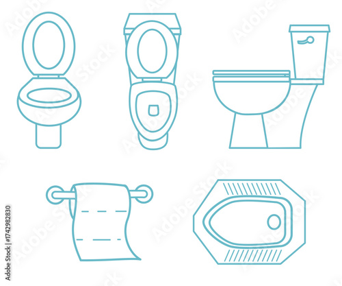 Line Art Toilet Fixtures and Accessories Vector Icon Set