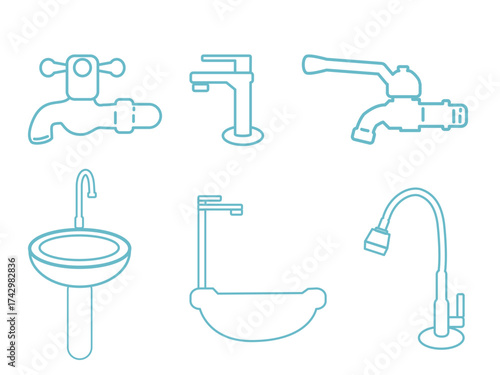 Line Art Water Faucet, Tap, and Sink Vector Icon Set