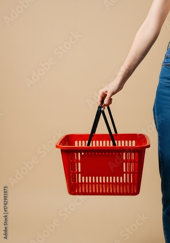 Young Woman in Jeans Holds Empty Red Plastic Shopping Basket Against Plain Minimal Beige Background