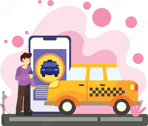 Man using mobile taxi booking service illustration
