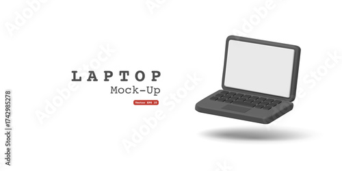 Open laptop on a white background, 3D. Blank screen. Template for placing logos or images. Work. education, science, technology. Vector illustration.