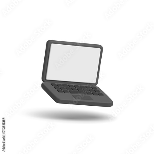 3d black open laptop with white screen. Laptop in the air on a white isolated background. For concepts of technology, science, education, work. Vector illustration.