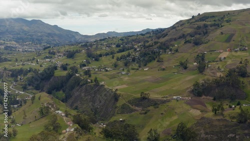 Farms and fields in the Andes in Ecuador, drone aerial view