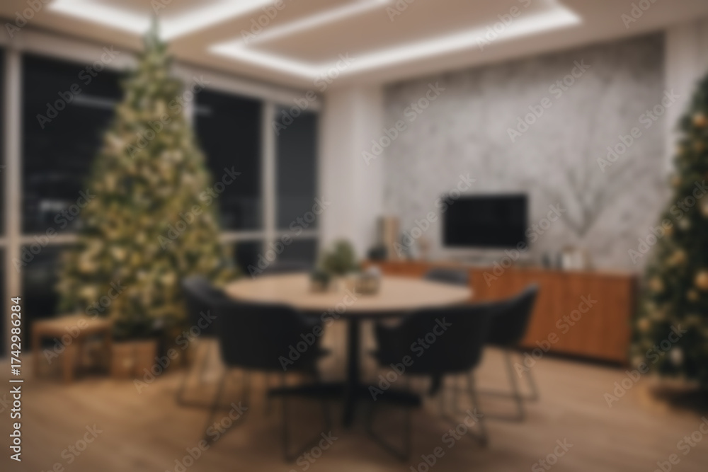 Obraz premium Blurred background of a modern office at night with Christmas decorations and a Christmas tree in the corner of the room.