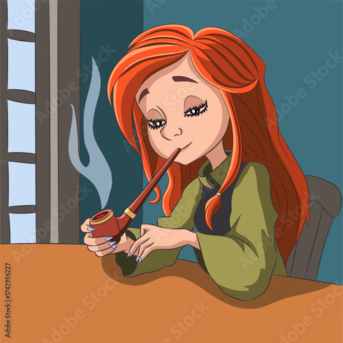 Redhead woman smoking pipe vector illustration