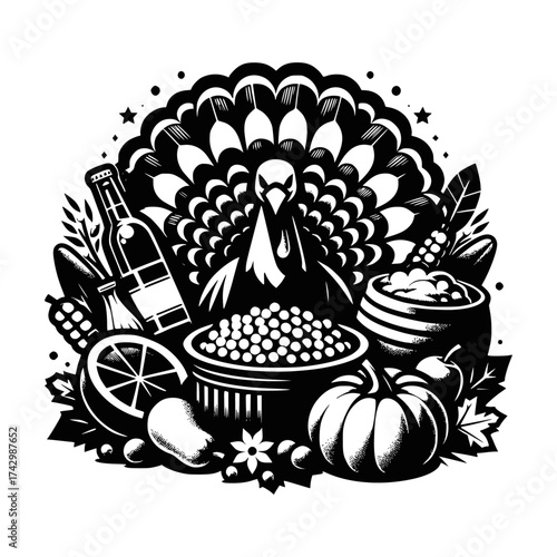 Turkey, Thanksgiving, vector illustration of a bottle of wine, grapes and autumn harvest