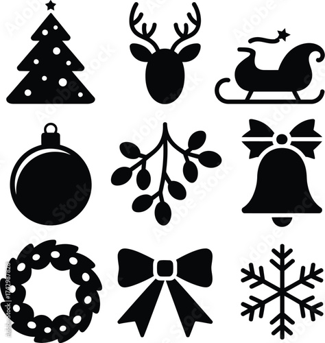 Christmas icons vector silhouette tree reindeer