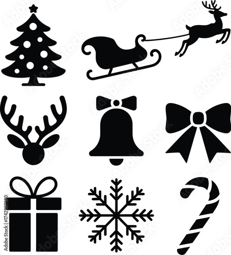 Christmas icons vector silhouette tree sleigh