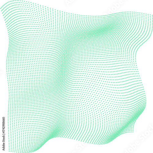 Abstract Wavy Surface Pattern Composed of Numerous Small Green Dots on a White Background
