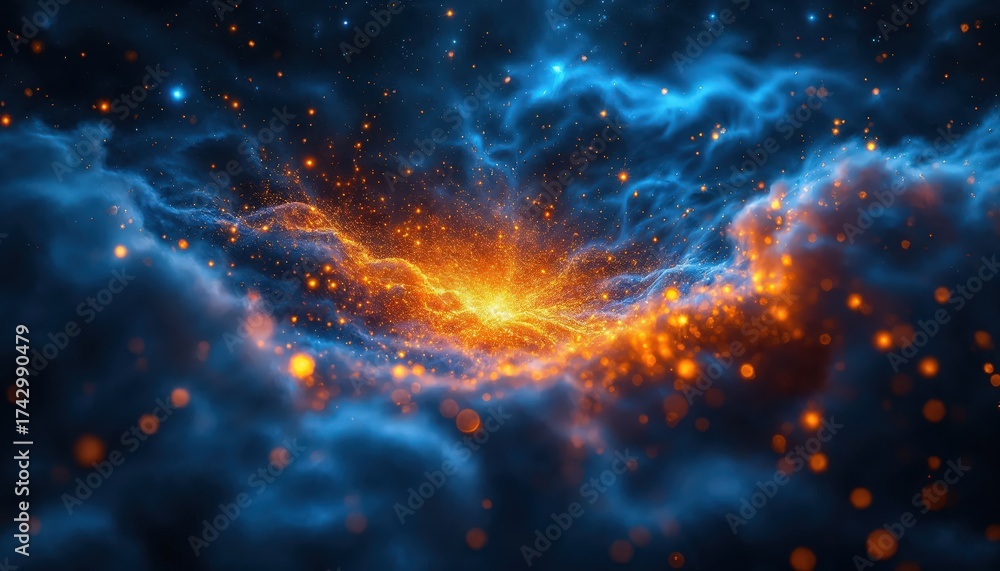 Fototapeta premium Vibrant Cosmic Nebula with Glowing Orange Particles and Blue Wisps in Deep Space