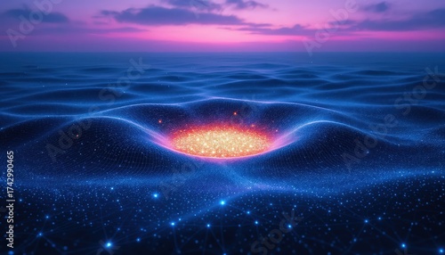 Abstract Digital Landscape of a Glowing Vortex in a Wavy, Star speckled Ocean Under a Purple Sunset Sky