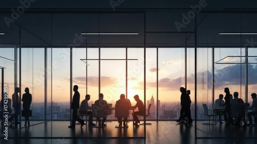 Business people are silhouetted in modern glass office overlooking vibrant city skyline at sunset Some attend meeting others walk reflecting productive corporate environment