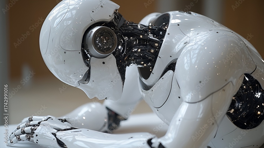 Fototapeta premium Broken humanoid robot slumped on a surface.