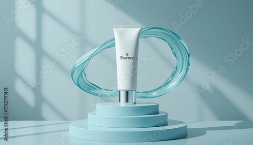 Vibrant Beauty Product Display with White and Pink Skincare Containers in a Hyperrealistic Water Splash