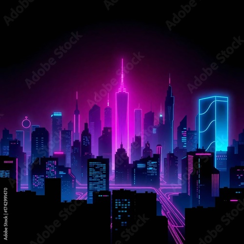 Wallpaper Mural Neon City Silhouette: A futuristic cityscape, bathed in the vibrant hues of neon lights, casts a mesmerizing glow against the night sky, hinting at the energy and dynamism of an urban metropolis. Torontodigital.ca
