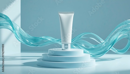Vibrant Beauty Product Display with White and Pink Skincare Containers in a Hyperrealistic Water Splash