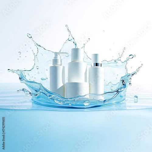 Vibrant Beauty Product Display with White and Pink Skincare Containers in a Hyperrealistic Water Splash