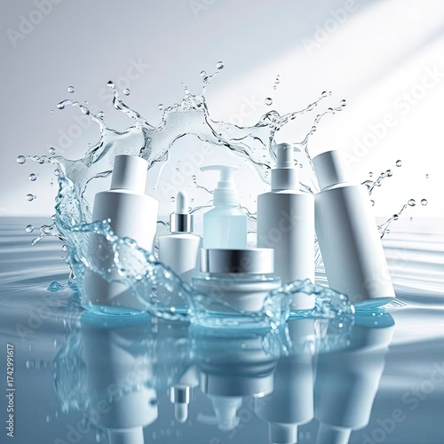 Vibrant Beauty Product Display with White and Pink Skincare Containers in a Hyperrealistic Water Splash