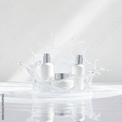 Vibrant Beauty Product Display with White and Pink Skincare Containers in a Hyperrealistic Water Splash