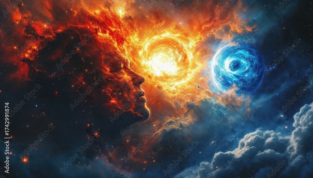 Fototapeta premium Cosmic Face and Celestial Orbs Representing Creation and Destruction in Nebulas Embrace