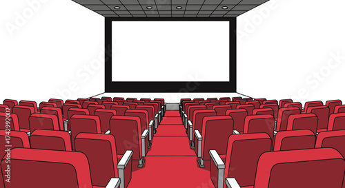 Illustration of a movie theater with red seats and a large screen.