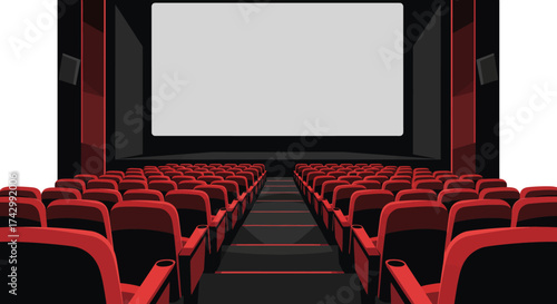 An empty movie theater with rows of red seats facing a large blank screen.