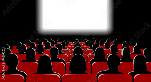 Silhouetted audience in red seats watching a bright blank screen in a dark movie theater.