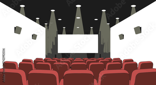 Vector illustration of an empty movie theater with rows of red seats facing a blank white screen.