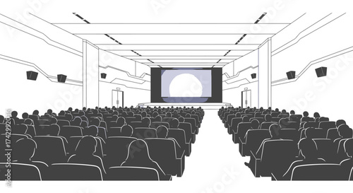 Empty cinema hall with rows of seats and a large screen, depicted in a black and white line art style.