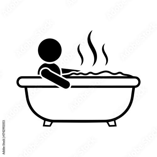 Stickman relaxing in hot bathtub vector illustration, minimalist black silhouette of person soaking in warm water, self care, wellness, spa, hygiene, relaxation, and stress relief concept design.