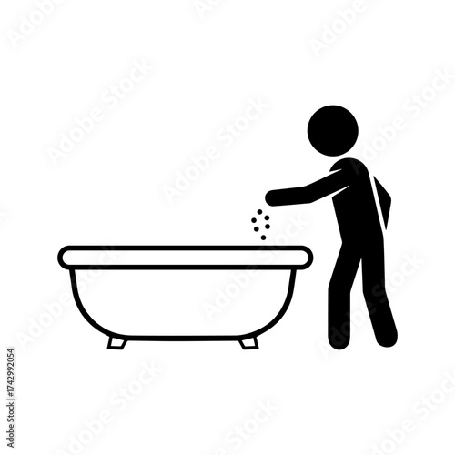 Stickman pouring bath salts into bathtub vector illustration, minimalist black silhouette of person preparing hot bath, wellness, hygiene, spa, relaxation, self care and body treatment concept design.