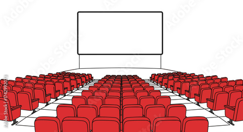 Empty movie theater with rows of red seats facing a large blank projection screen, ready for a film.