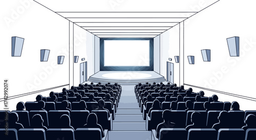 Interior view of a movie theater with rows of seats facing the screen.