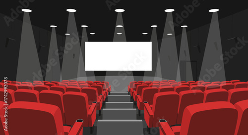 Empty movie theater with rows of red seats facing a blank white screen illuminated by spotlights.