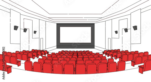 An empty movie theater with rows of red seats facing a large screen and speakers.