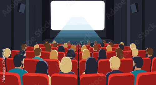 Illustration of people watching a movie in a cinema with a blank screen.