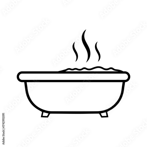 Minimalist bathtub with hot water and steam vector illustration, simple black silhouette icon for bathroom, hygiene, spa, wellness, relaxation, aromatherapy, and self care concept design.