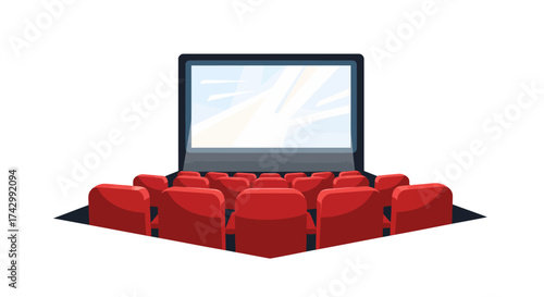 A conceptual illustration of a laptop screen serving as a cinema screen with red theater seats arranged in front, symbolizing home entertainment or virtual movie watching.