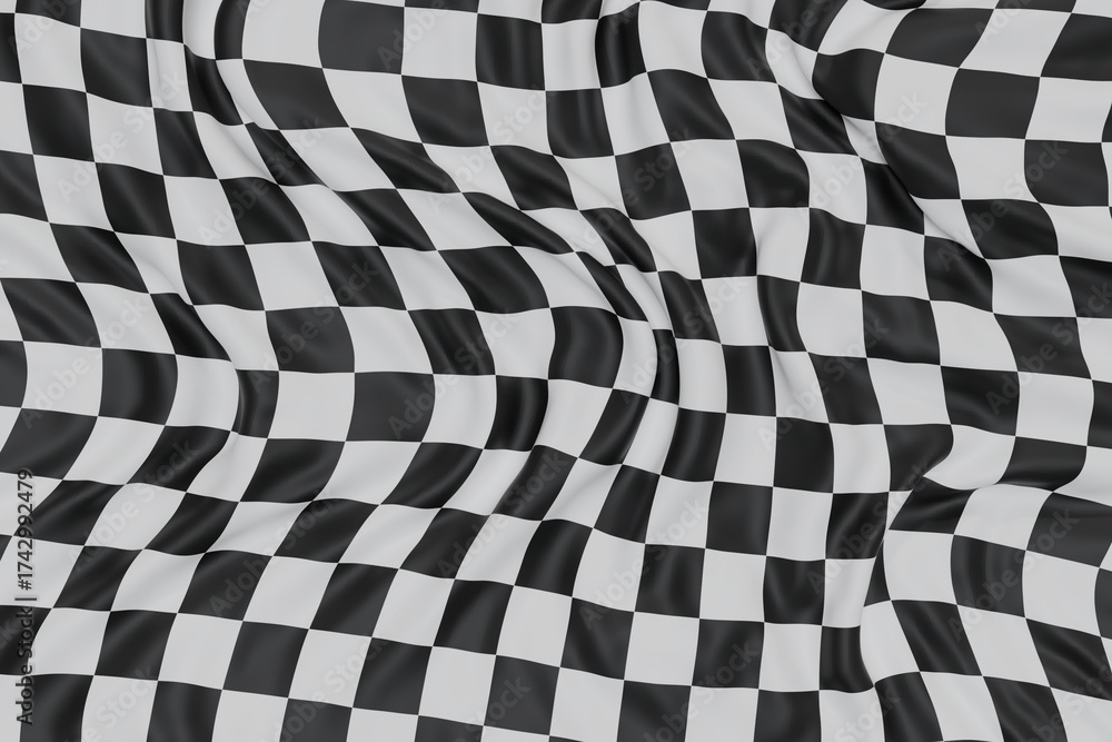 Fototapeta premium Wrinkled black and white checkered racing flag fabric texture, symbol of motorsport finish line, competition, victory, and speed. Perfect for background or design element. 3d render