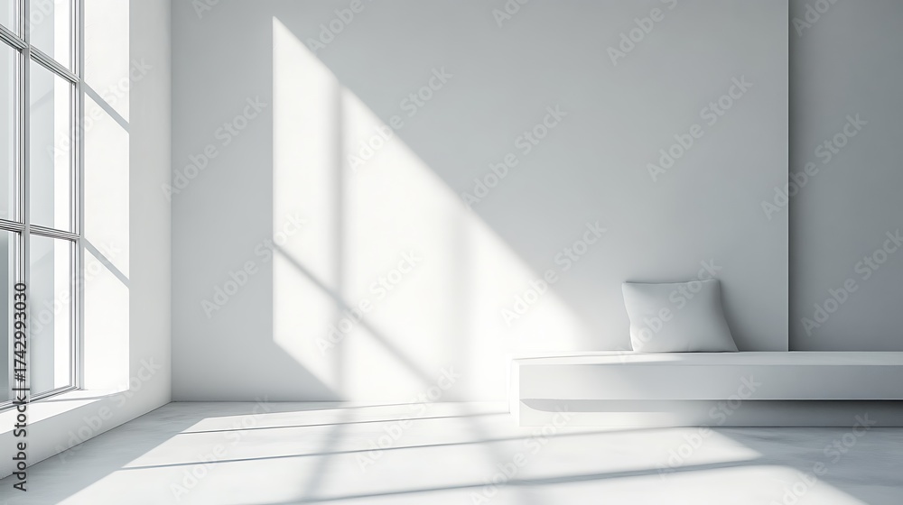 Fototapeta premium Bright White Room with Large Window, Natural Light, Minimalist Design, and White Bench