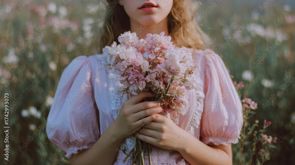 Fototapeta premium A person with fair skin and curly hair holds a bouquet of pink flowers in a field