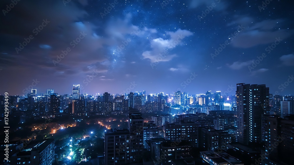 Obraz premium City Skyline at Night Under Starry Sky with Clouds and Urban Lights